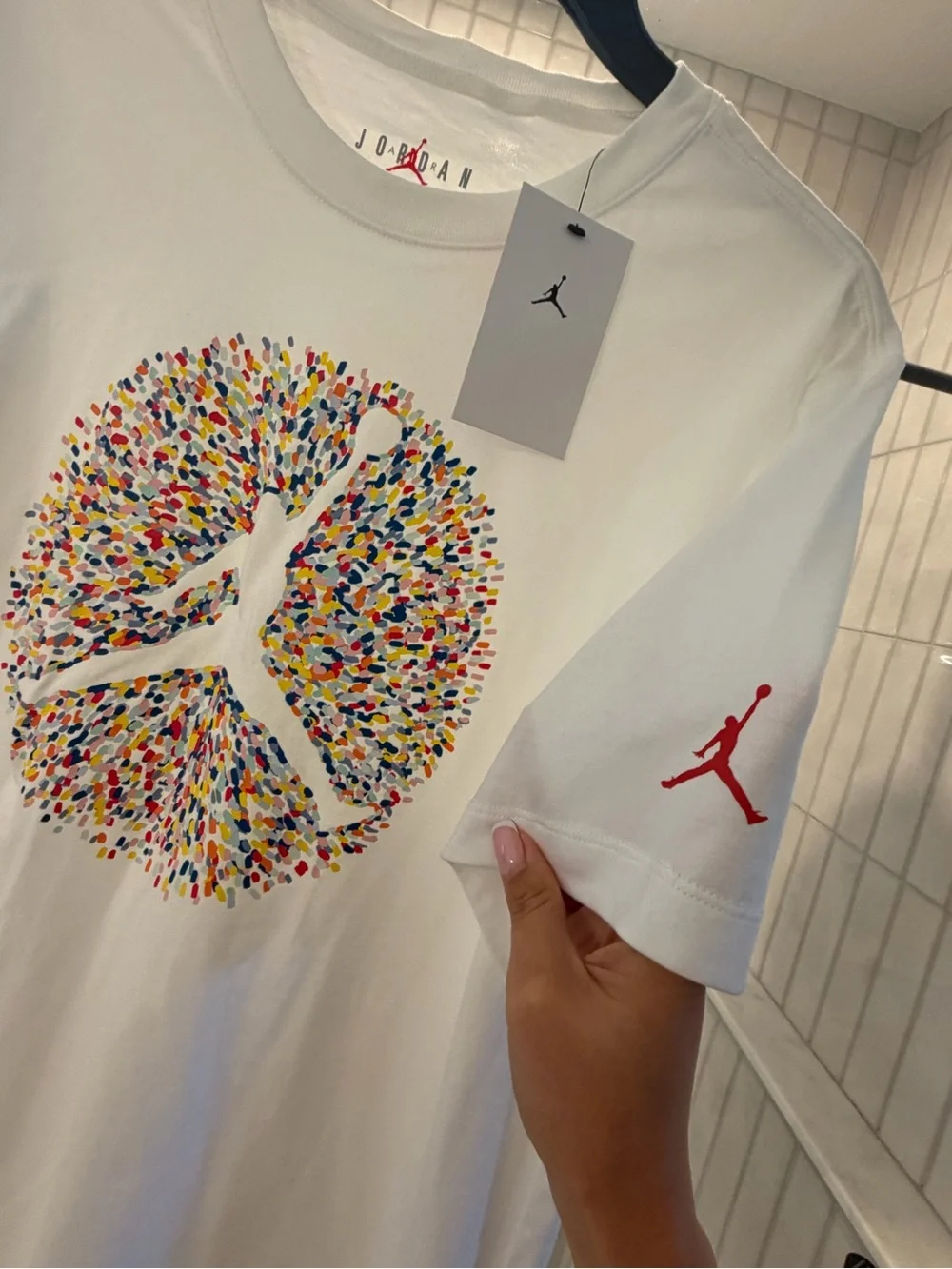 Jordan White Short Sleeve Tee with Multicolor Jumpman Emblem